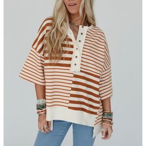 Three Bird Nest Blouse Top Womens L Striped Patchwork Caramel Oversized Boxy